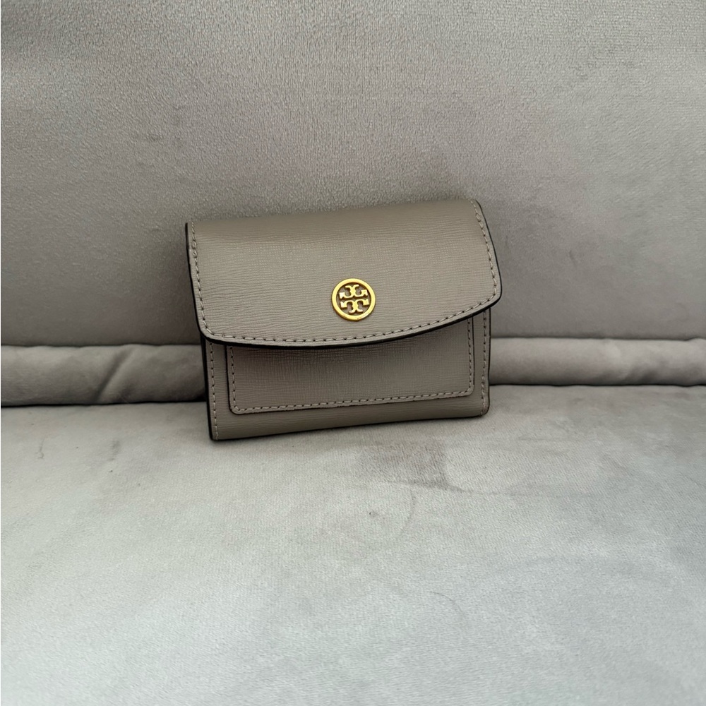 Tory Burch Taupe Wallet with Gold Logo